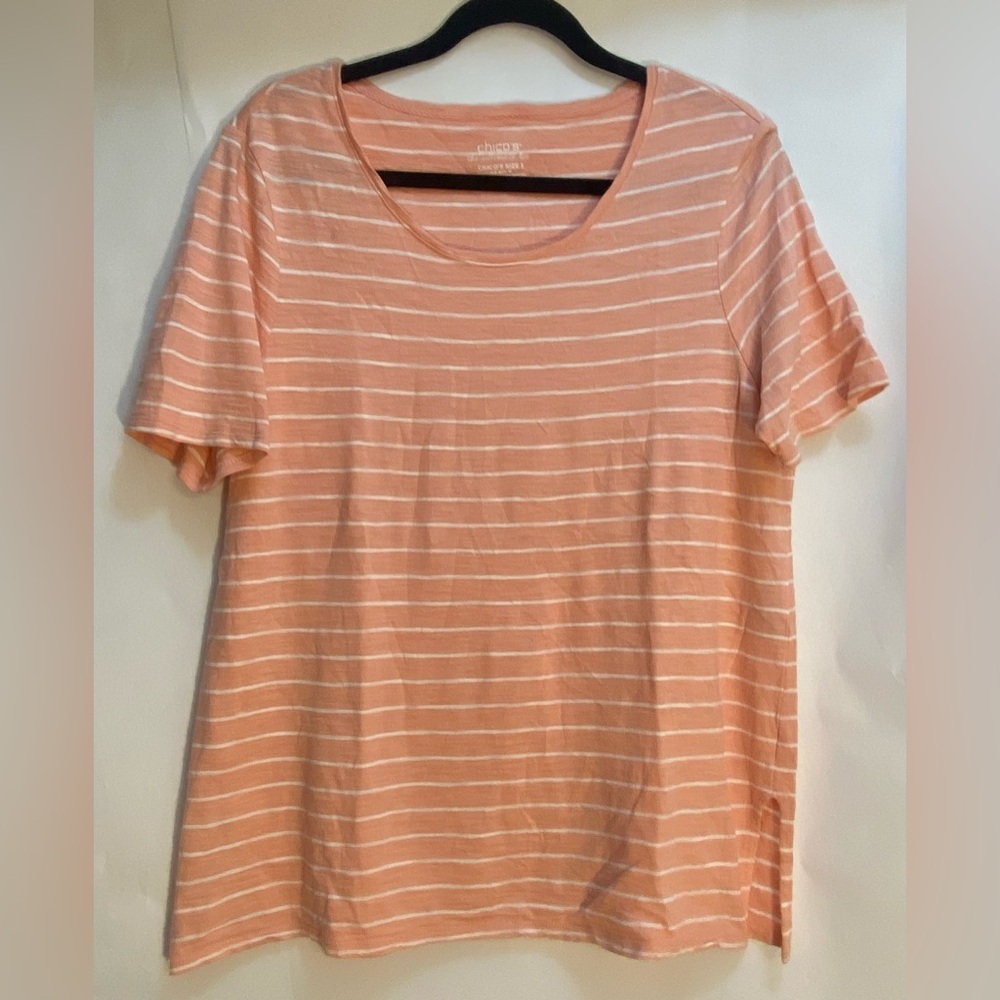 Chicos The Ultimate Tee Peach White Striped Cotton Modal Short Sleeve Top Size 1